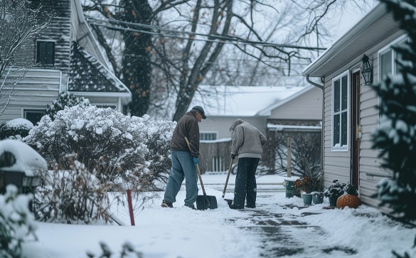 Man clearing snow from residential driveway in winter