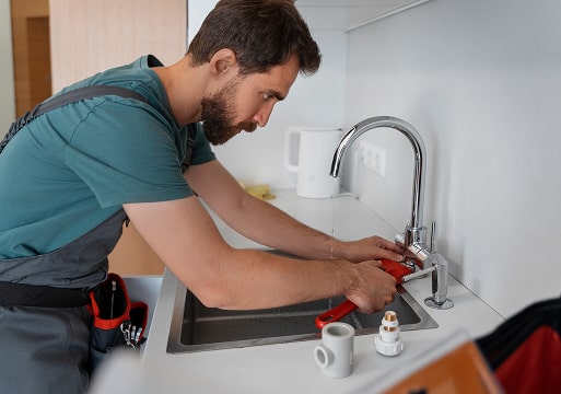 Technician repairing broken pipe in residential home